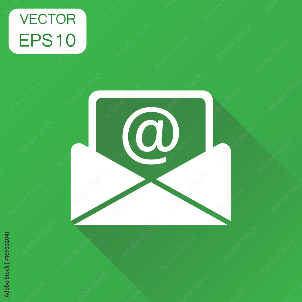 Mail envelope icon. Business concept email pictogram. Vector illustration on green background with long shadow. Mail envelope icon. Business concept email pictogram. Vector illustration on green background with long shadow.