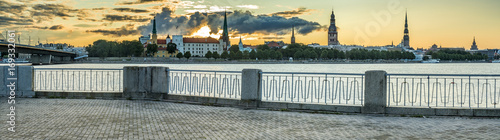 Panoramic view of historical center of Riga city at sunrise, Latvia, Europe