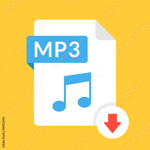 Download MP3 icon. File with MP3 label and down arrow sign. Audio file format. Downloading audio concept. Flat design vector icon
