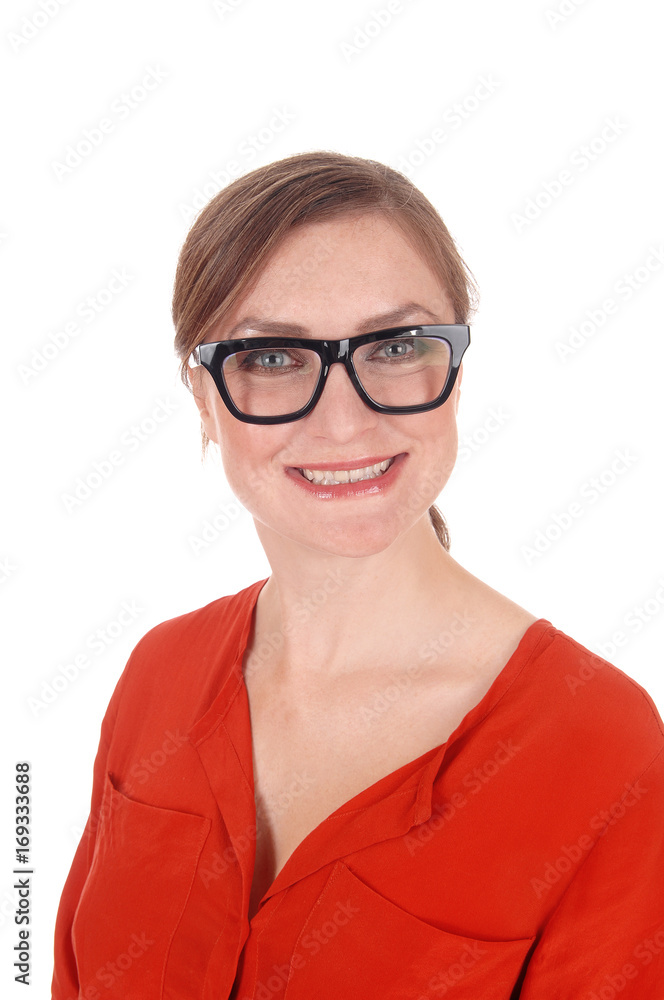 Closeup of smiling woman with glasses