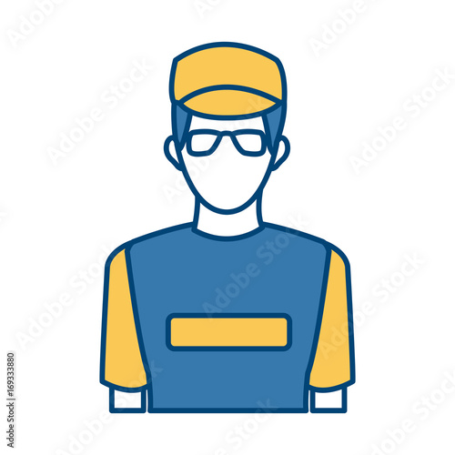 delivery man in blue uniform with glasses and sport cap vector illustration