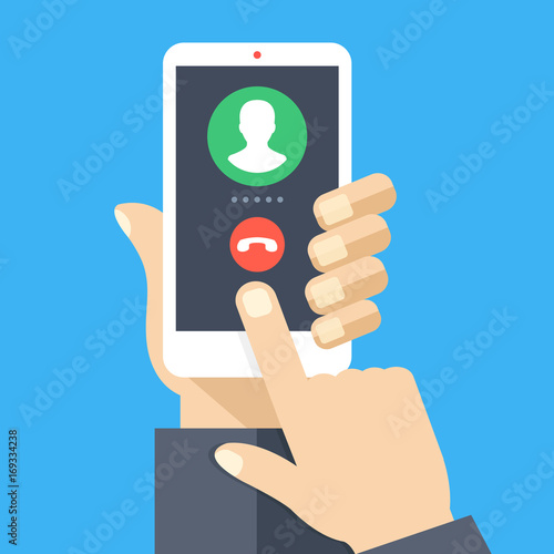 Outgoing call. White smartphone with call screen. Waiting for answer concept. Human hand holding cellphone, finger touching screen. Modern flat design vector illustration