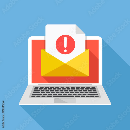 Laptop with envelope and document with exclamation point on screen. Receive notification, alert message, warning, get e-mail, email, spam concepts. Flat design vector illustration photo