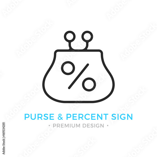 Purse and percent sign icon. Wallet and percent logo. Savings, interest money, deposit, cashback, dividends concepts. Premium quality. Modern vector thin line icon