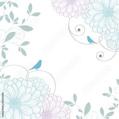 Hand-drawing floral background with flower chrysanthemum and bird. Element for design. Vector illustration.