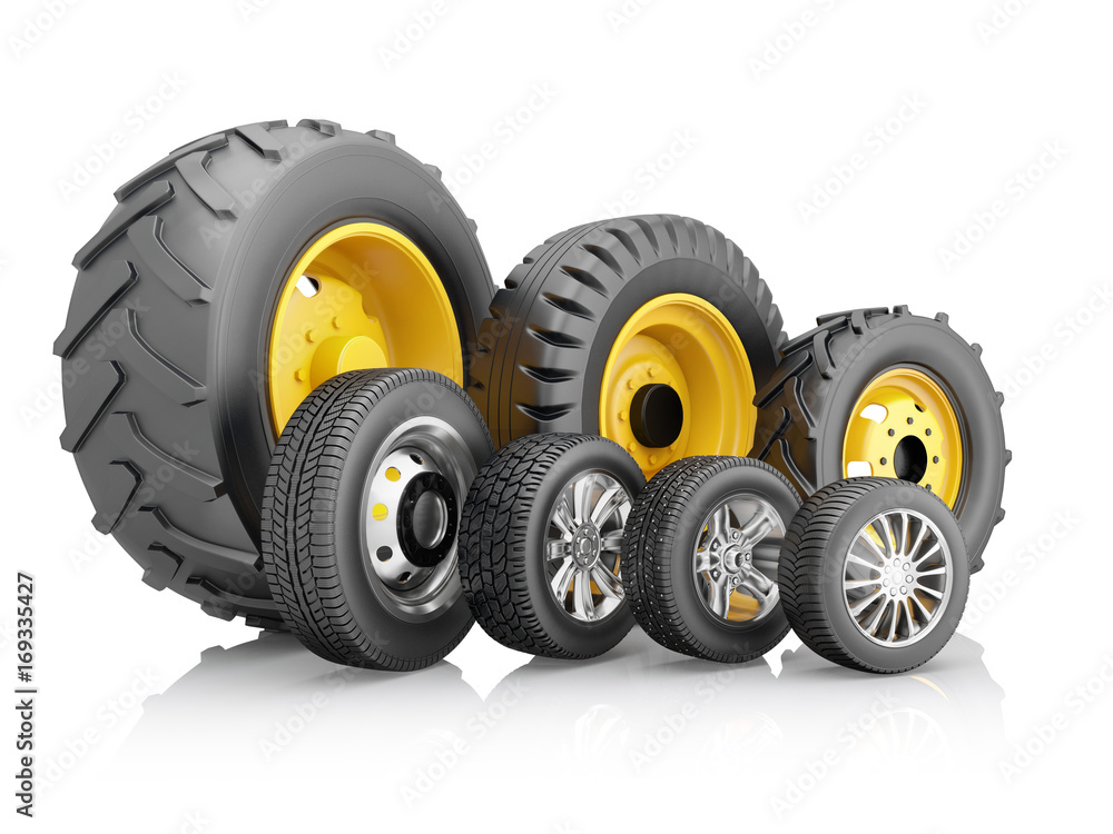 Naklejka premium Set of tires for a different vehicles. 3d illustration
