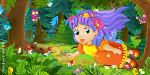 Fototapeta Naklejka Na Ścianę i Meble -  Cartoon background of fairy flying in the forest - illustration for children