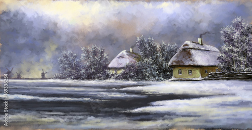 Winter landscape paintings. Oil digital paint, art