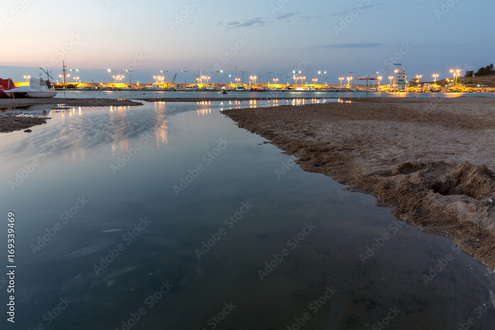 Night seascape of port and beach of Chernomorets, Burgas region, Bulgaria