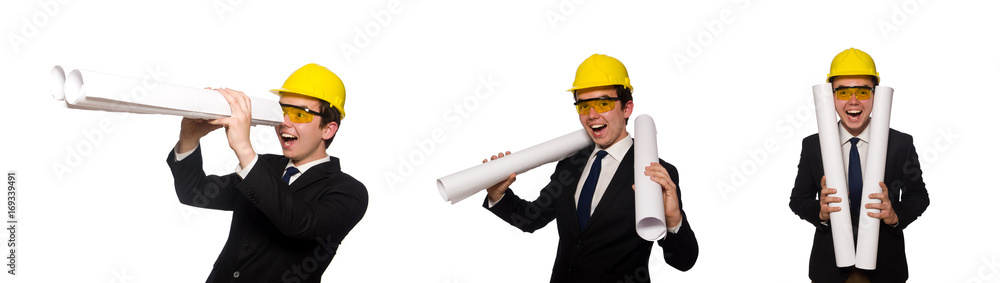 Funny architect with drawings on white Funny architect with drawings on white