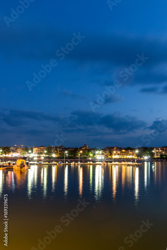 Night seascape of port and beach of Chernomorets, Burgas region, Bulgaria