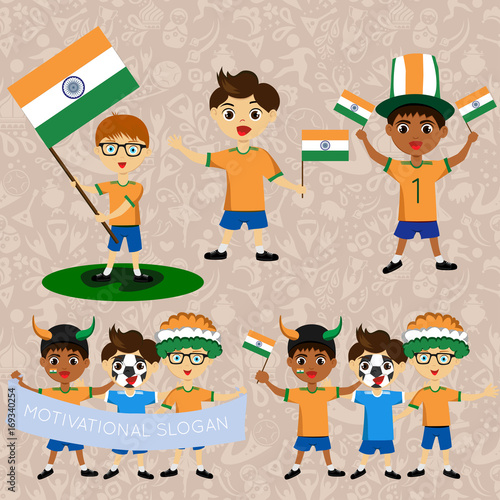 Set of boys with national flags of India Blanks for the day of the flag, independence, nation day and other public holidays. The guys in sports form with the attributes of the football team