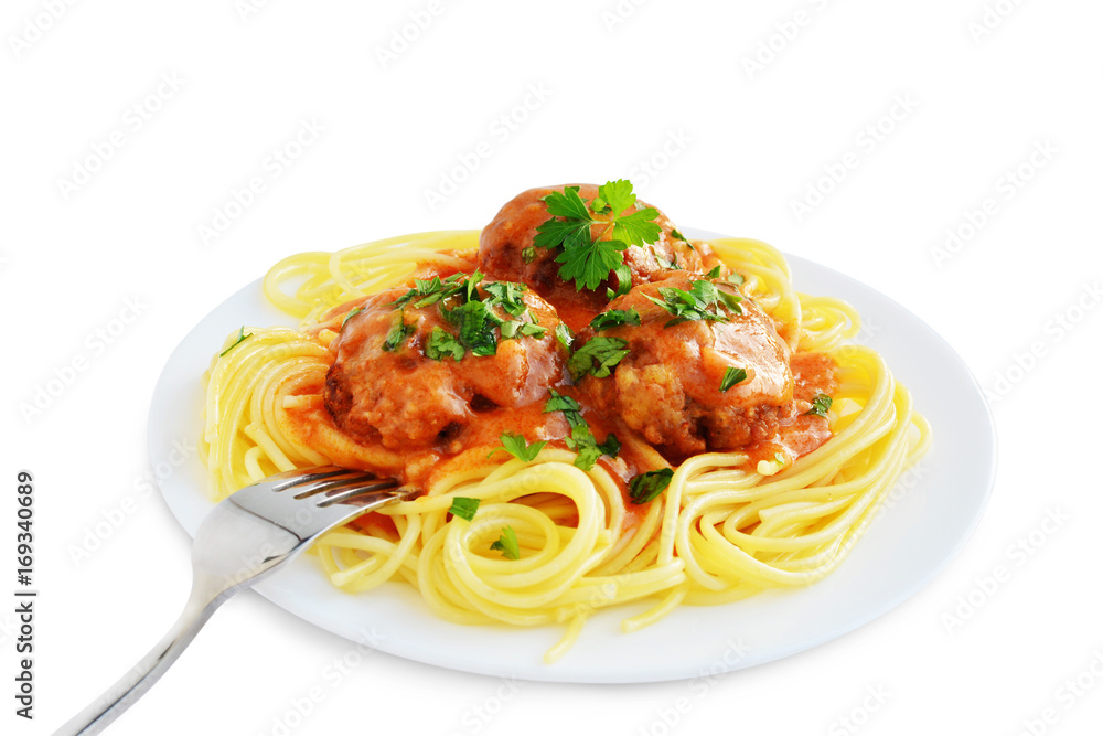Spaghetti pasta with meatballs and tomato sauce in plate isolated Spaghetti pasta with meatballs and tomato sauce in plate isolated