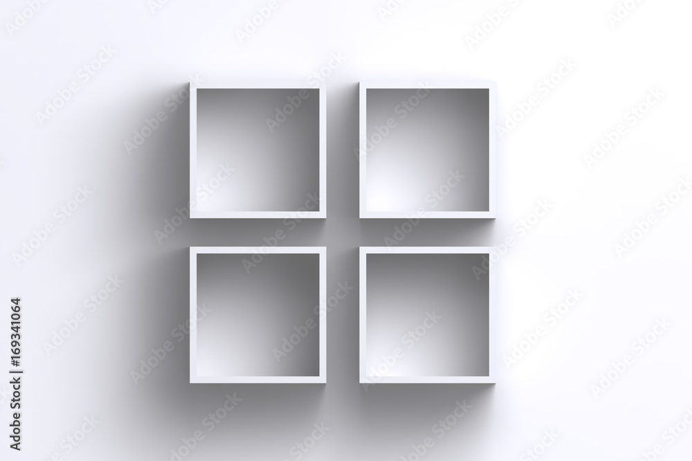 Empty white square frame shelf boxes on blank wall Empty white square frame shelf boxes on blank wall