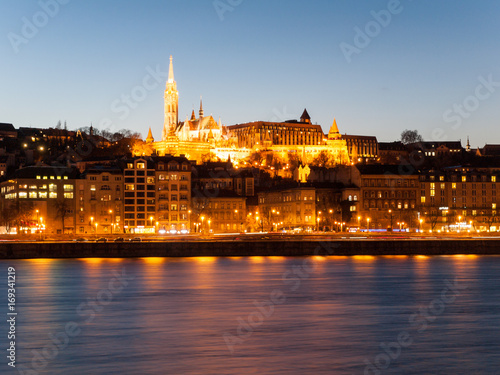 St. Matthias church and Fishermen's Bastion. View from Danube River. Budapest, Hungary. Night shot.