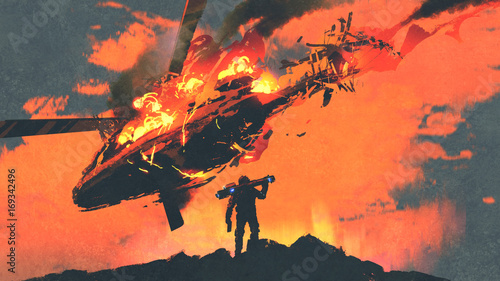 mężczyzna trzyma wyrzutnię rakiet stojącą przed płonącym spadającym helikopterem, cyfrowy styl sztuki, malowanie ilustracji