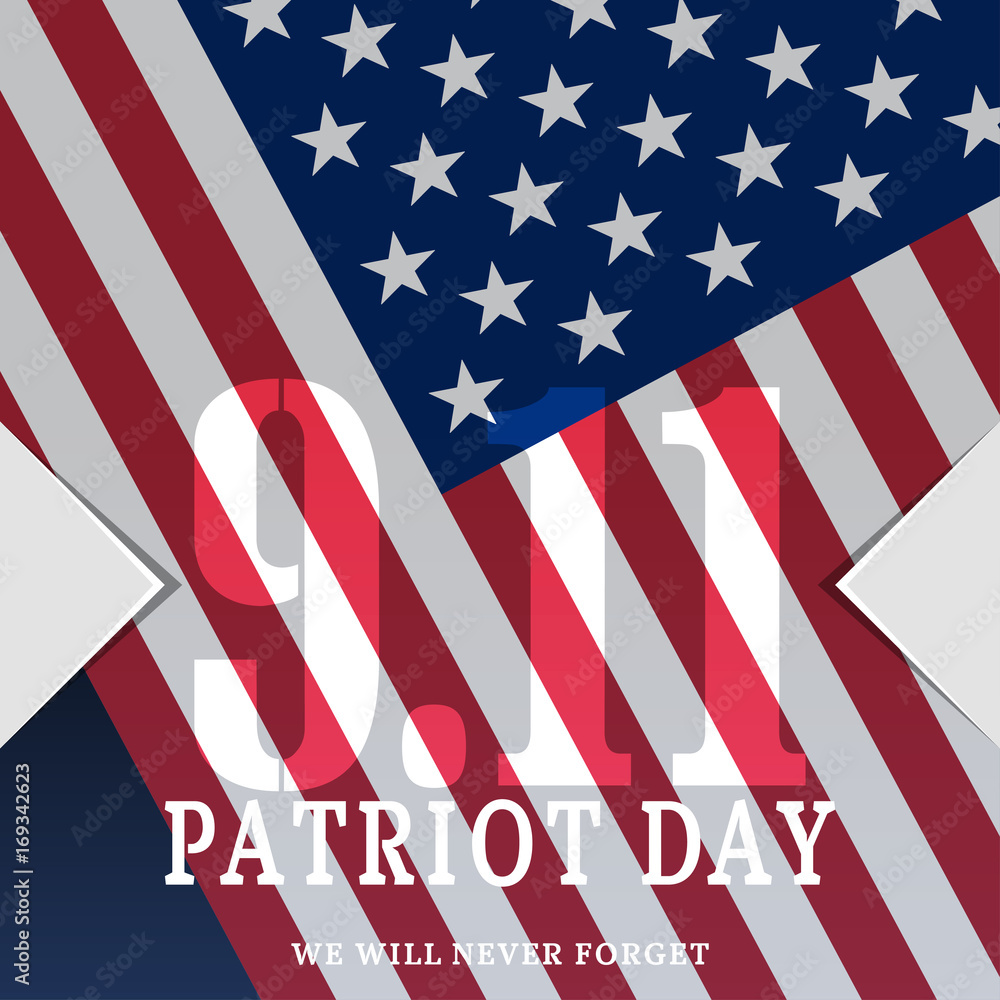 Vector poster of Patriot Day on the dark blue background with text and american flag. Vector poster of Patriot Day on the dark blue background with text and american flag.