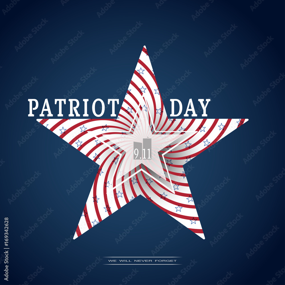 Vector poster of Patriot Day with silhouette in the shape of a star with spiral red stripes, blue stars and text on the dark blue background.