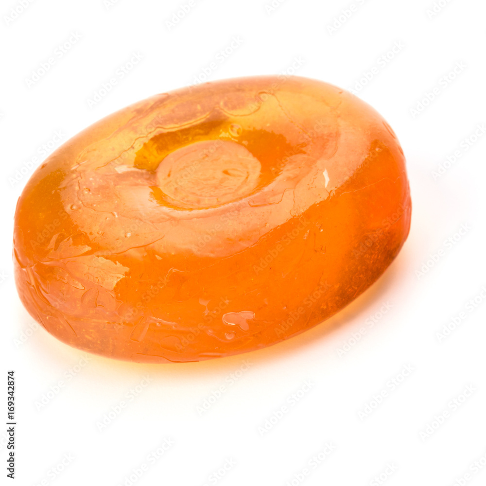 One fruit hard sugar candy,  boiled sweet or sugar plum isolated on white background cutout