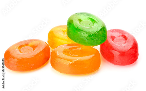 colorful fruit hard sugar candies,  boiled sweeties or sugar plums isolated on white background cutout