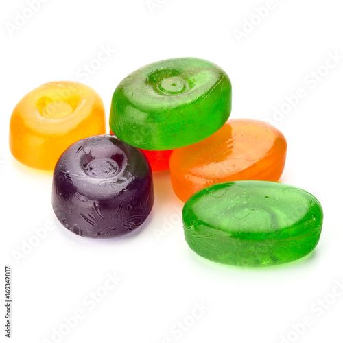 colorful fruit hard sugar candies,  boiled sweeties or sugar plums isolated on white background cutout photo