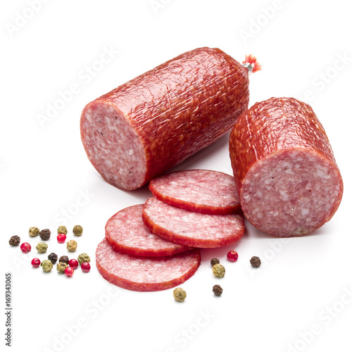 Salami smoked sausage and peppercorns isolated on white background cutout