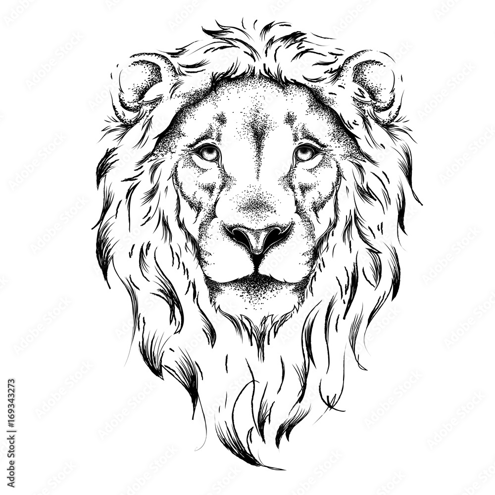Ethnic hand drawing  head of lion. totem / tattoo design. Use for print, posters, t-shirts. Vector illustration