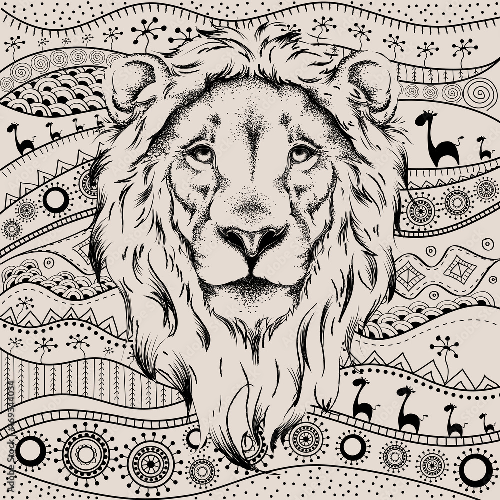 Ethnic hand drawing head of lion on African hand-drawn ethno pattern. totem / tattoo design. Use for print, posters, t-shirts. Vector illustration Stock Vector