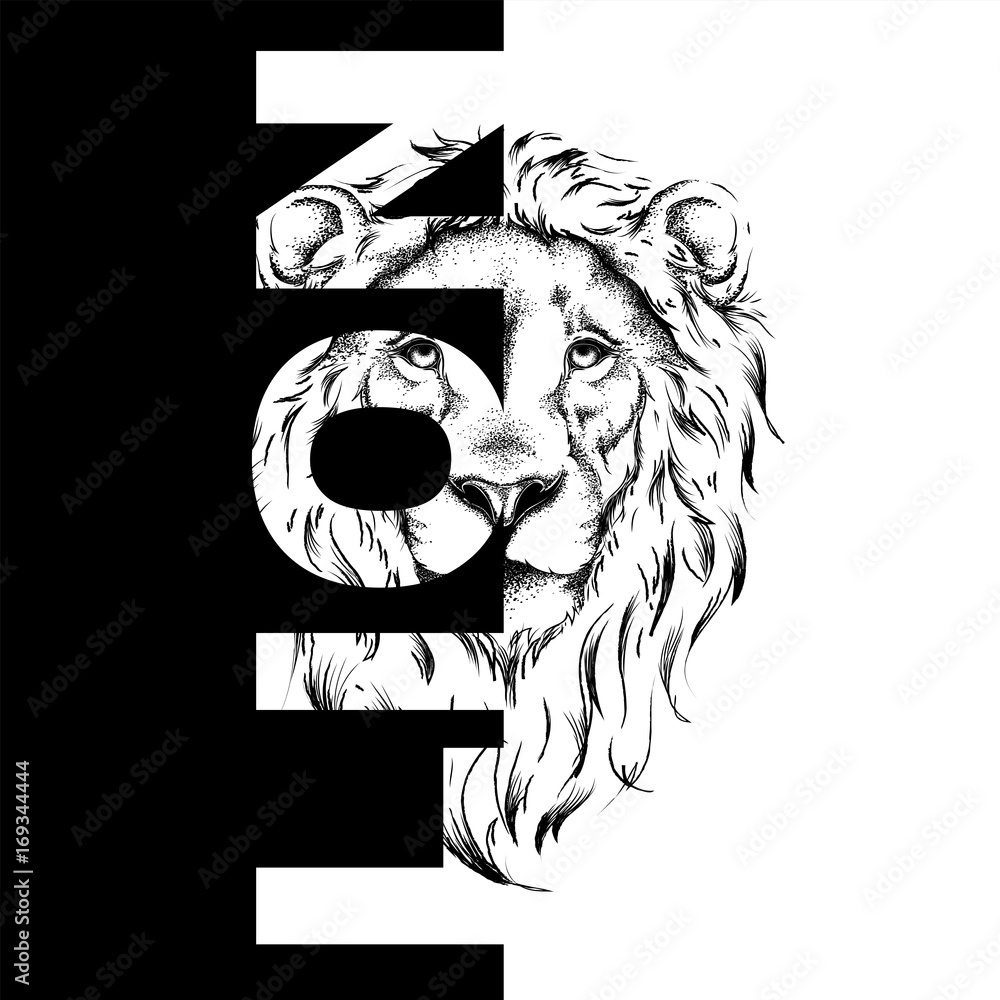 Obraz premium Drawing of a lion's head. Graphic design of the cover. Template for registration. Vector illustration