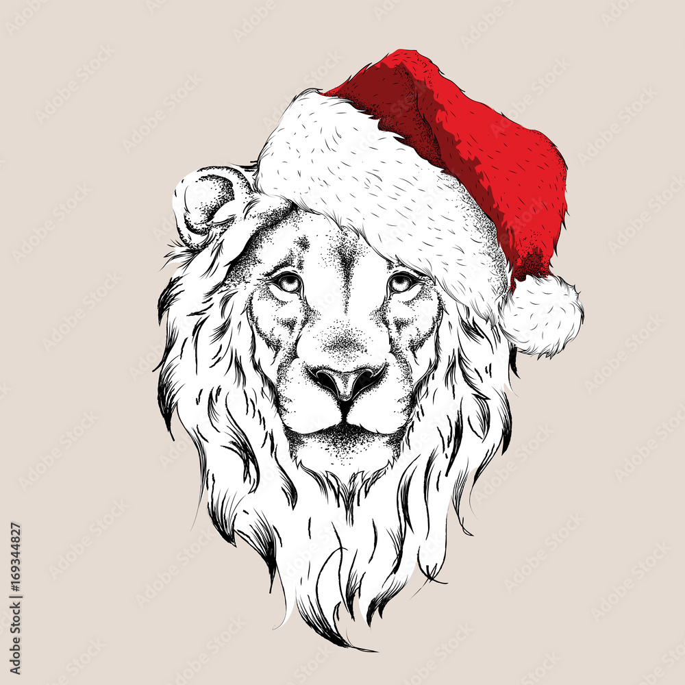 Obraz premium The christmass poster with the image lion portrait in hip-hop hat. Vector illustration.