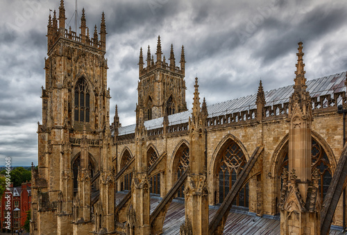 Telephoto shot of the towers of York Minster in Yorkshire, England, UK against a dramatic sky