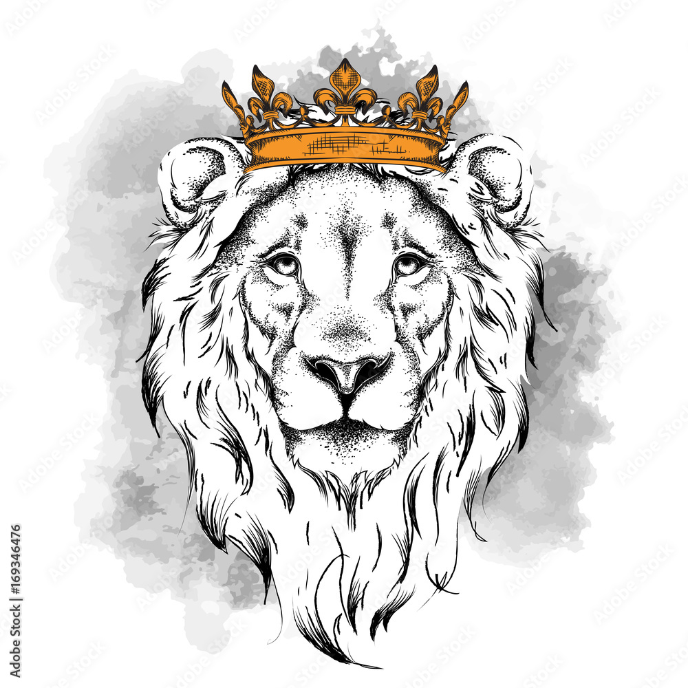 Naklejka premium Etniczne strony rysunek głowy lwa noszenia korony. Może służyć do druku, plakatów, t-shirtów. Ilustracji wektorowych