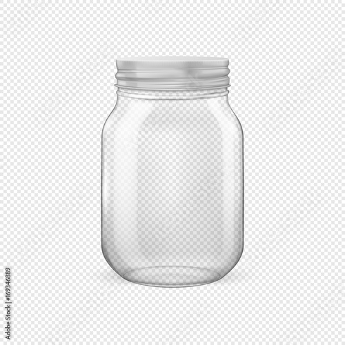 Vector realistic empty glass jar for canning and preserving with silvery lid closeup isolated on transparent background. Design template for advertise, branding, mockup. EPS10.