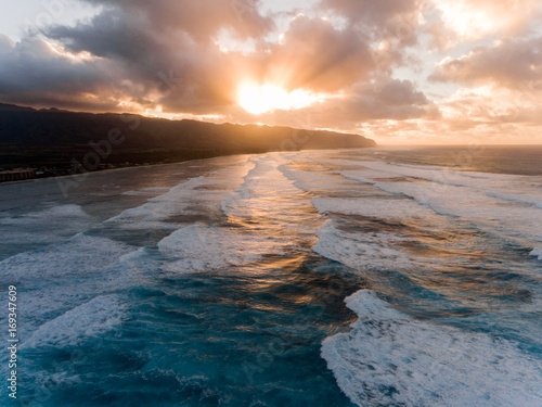 Aerial view of a Sunset on the north shore of Oahu Hawaii
