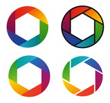 Four colorful circle rainbow pictograms - first icon with gradient, second with spectrum gradient and black outline, third with less hue and fourth with white outline