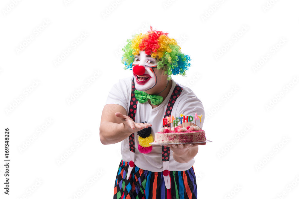Funny clown with a birthday cake isolated on white background Funny clown with a birthday cake isolated on white background