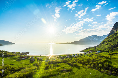 Sunset over fjord green