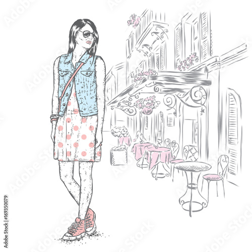 Beautiful girl in a stylish dress  denim waistcoat and sneakers. Vector illustration for a postcard or a poster  print for clothes. Fashion   Style.