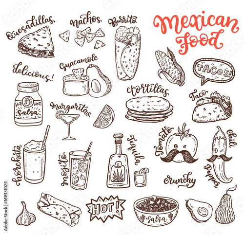 Mexican cuisine, sketch doodle food set