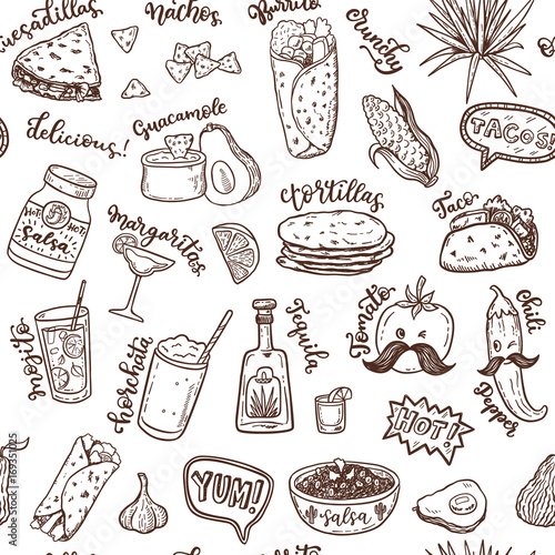 Seamless vector pattern with hand drawn Mexican food.
