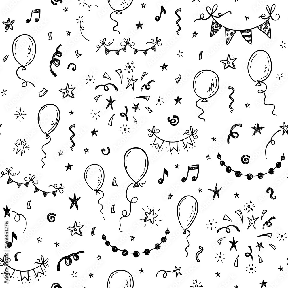 Hand drawn doodle party background with air balloons, fireworks, confetti, and bunting flags garlands. - obrazy, fototapety, plakaty 
