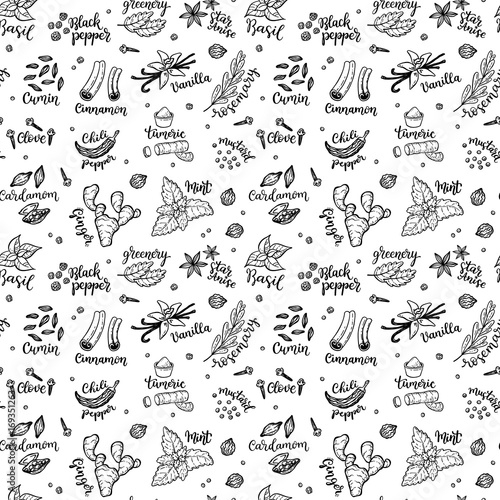 Seamless vector pattern background with hand drawn spices and herbs doodles.