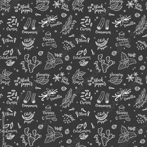 Seamless vector pattern background with hand drawn spices and herbs doodles.