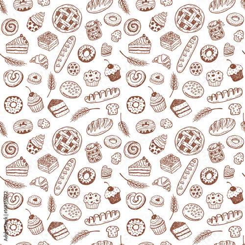 Seamless vector pattern with hand drawn doodle bakery products and pastries