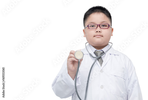 Asian little doctor holding stethoscope isolated