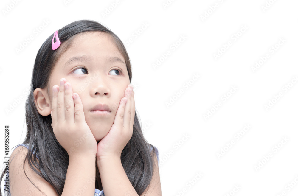 asian sad girl looking up and thinking isolated on white background asian sad girl looking up and thinking isolated on white background