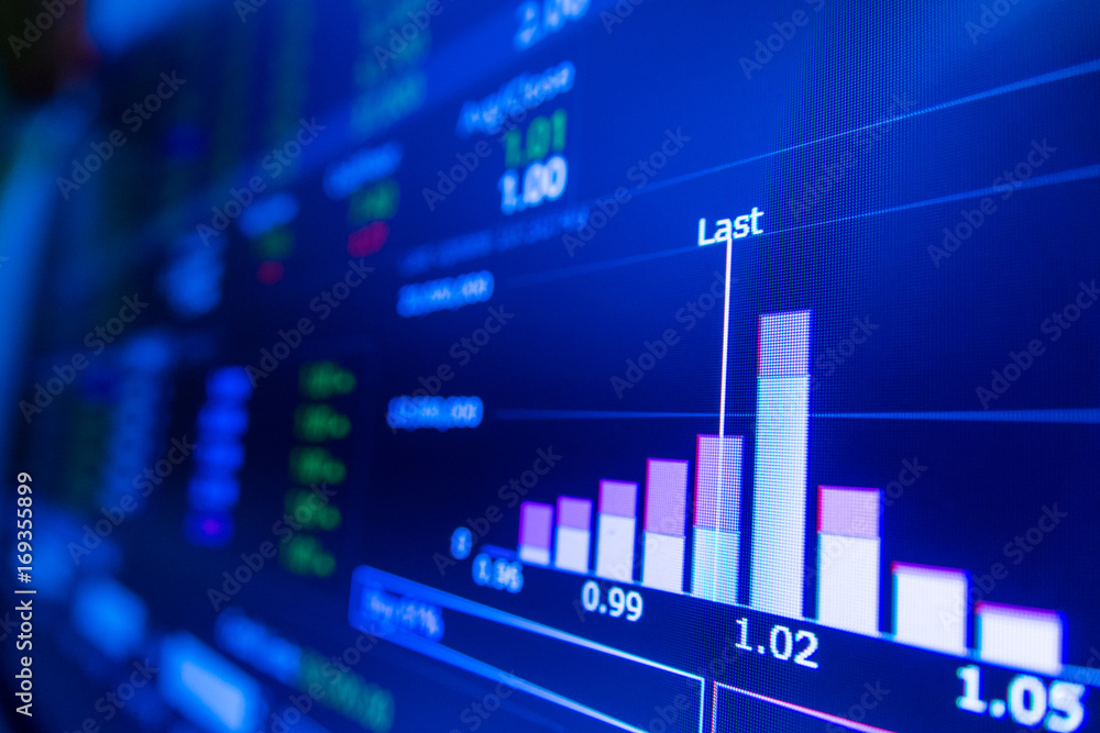 Stock market graph and ticker with blue screen for stock exchange analysis Stock market graph and ticker with blue screen for stock exchange analysis
