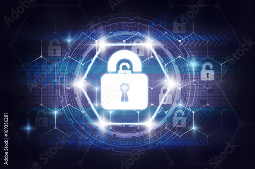 Security key lock icon digital display over the world map and Hexagon shape on dark blue background, business technology securities concept
