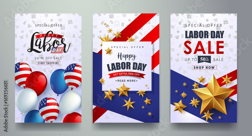 Labor day sale promotion advertising banner template decor with American flag balloons design .American labor day wallpaper.voucher discount.Vector illustration .