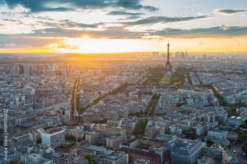 Eiffel Tower rooftop view with at sunset in Paris, France